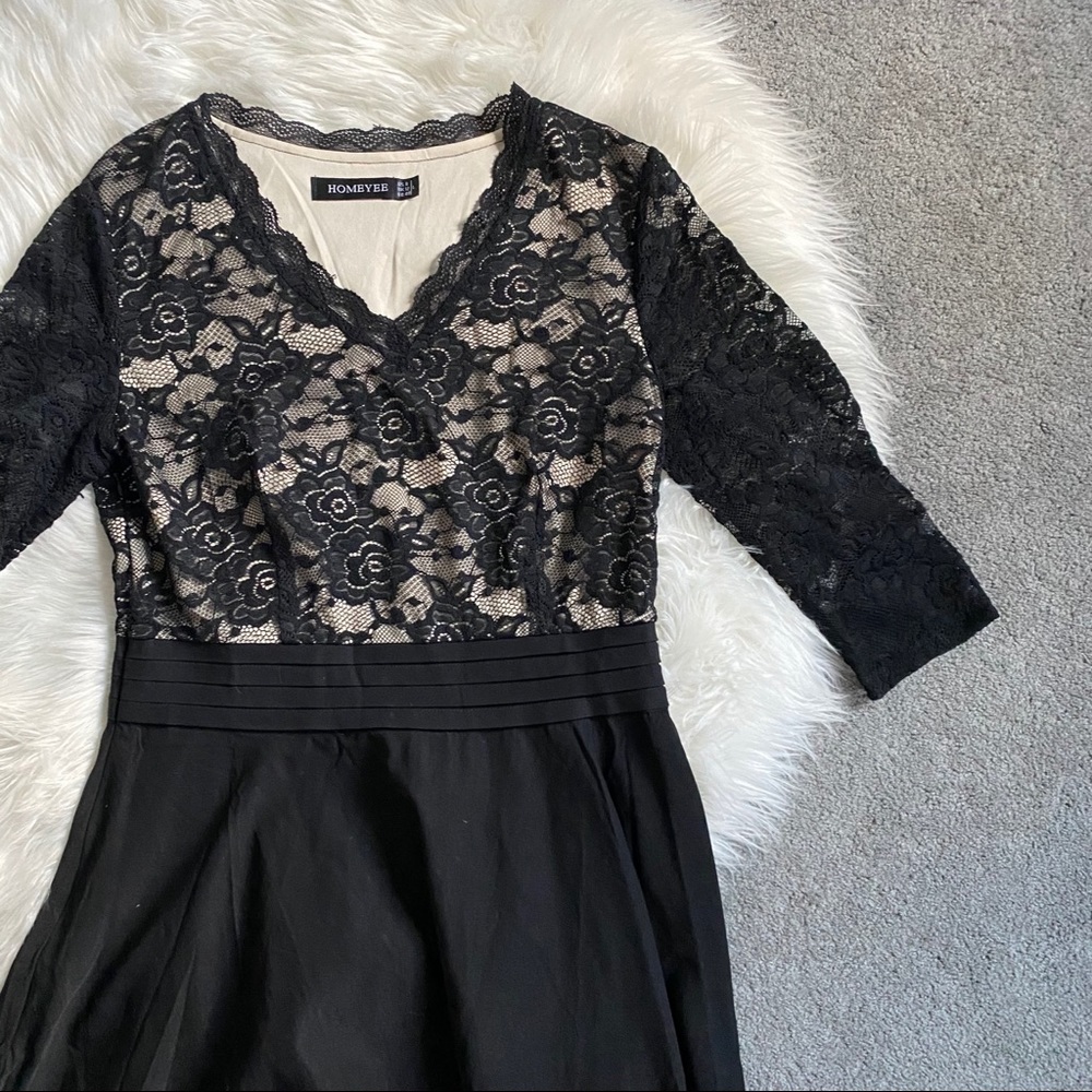 Homeyee Black Dress w/ Lace & 3/4 Sleeve